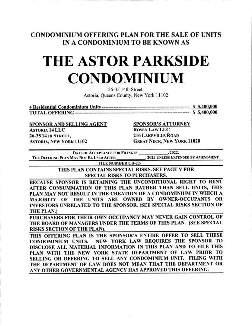 A document with the title of " astor parkside condominium ".