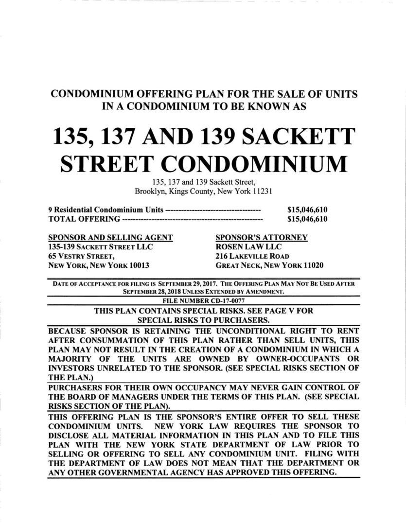 A page from the city of new york 's 1 3 5, 1 3 7 and 1 3 9 sackett street condominium.