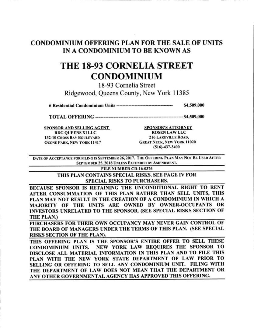 A conformity offering plan for the sale of units in a condominium to be known as the 1 8-4 3 cornelia street condomin