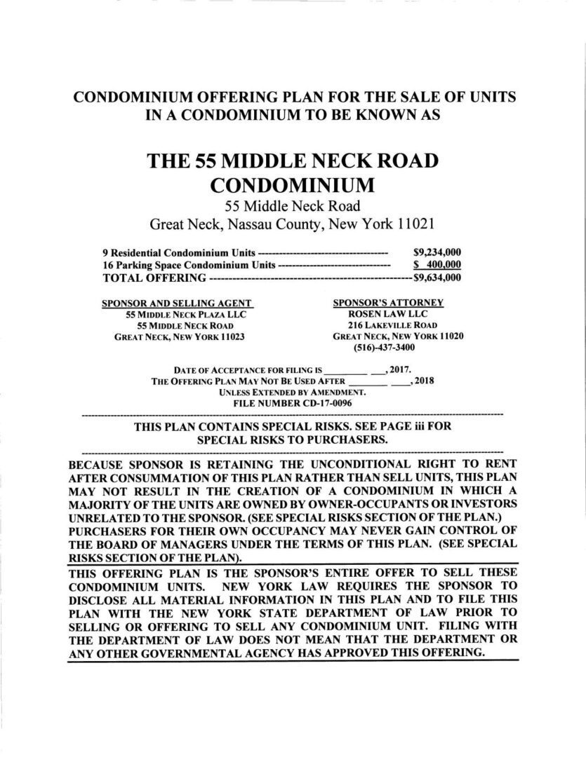 A document with the title of the 5 8 middle neck road condominium.