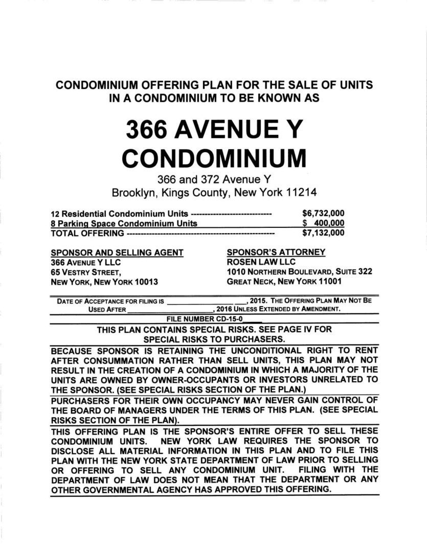 A page from the city of brooklyn 's 3 6 5 avenue y condominium.