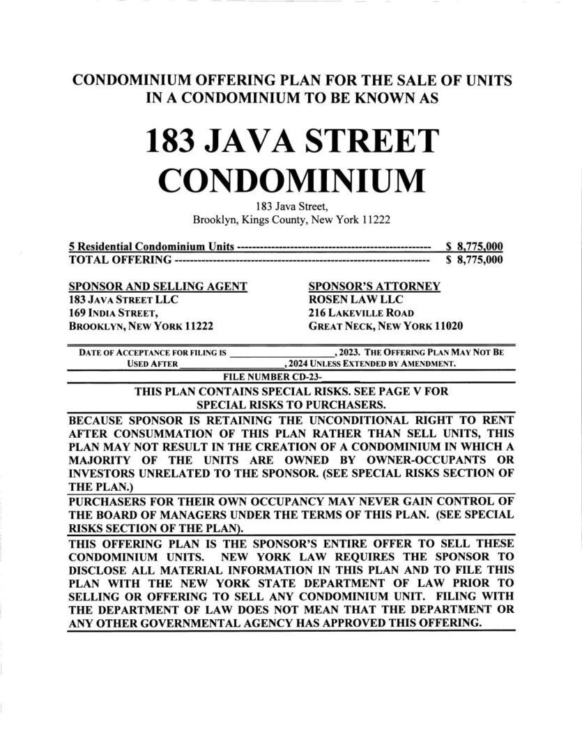 A page of an advertisement for 1 8 3 java street condominium.