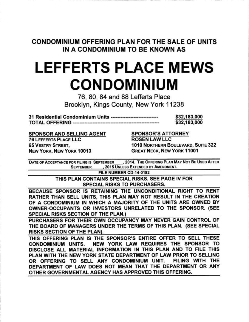 A lefferts place mews condominium plan for sale.