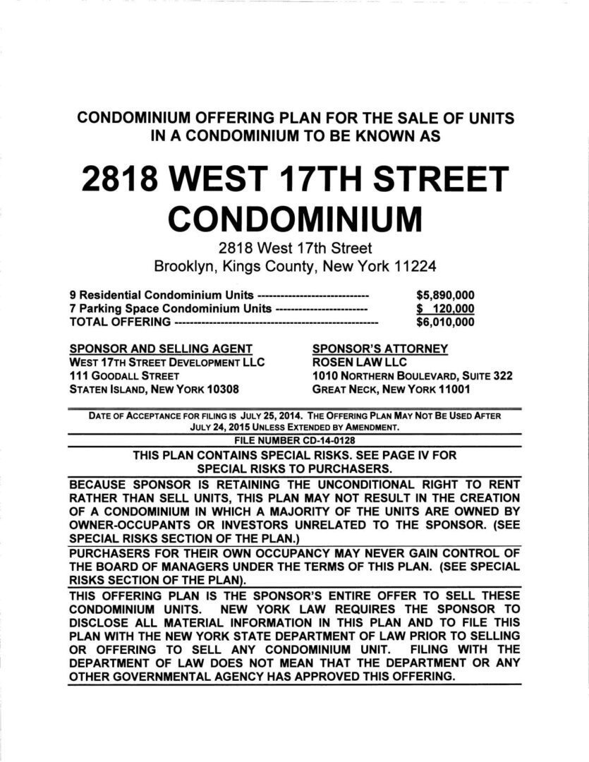 A flyer for the 2 0 1 8 west 1 7 th street condominium.