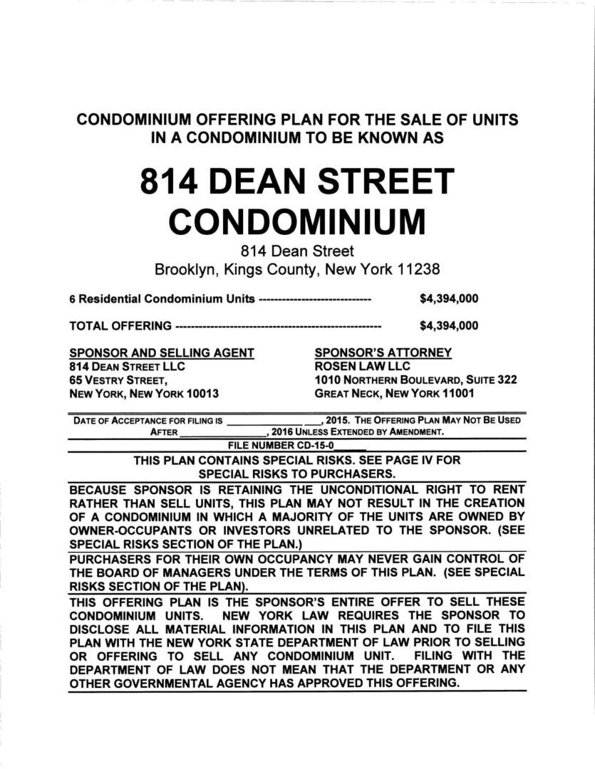 A condomium offering plan for sale of units in a condominium to be known as 8 1 4 dean street.