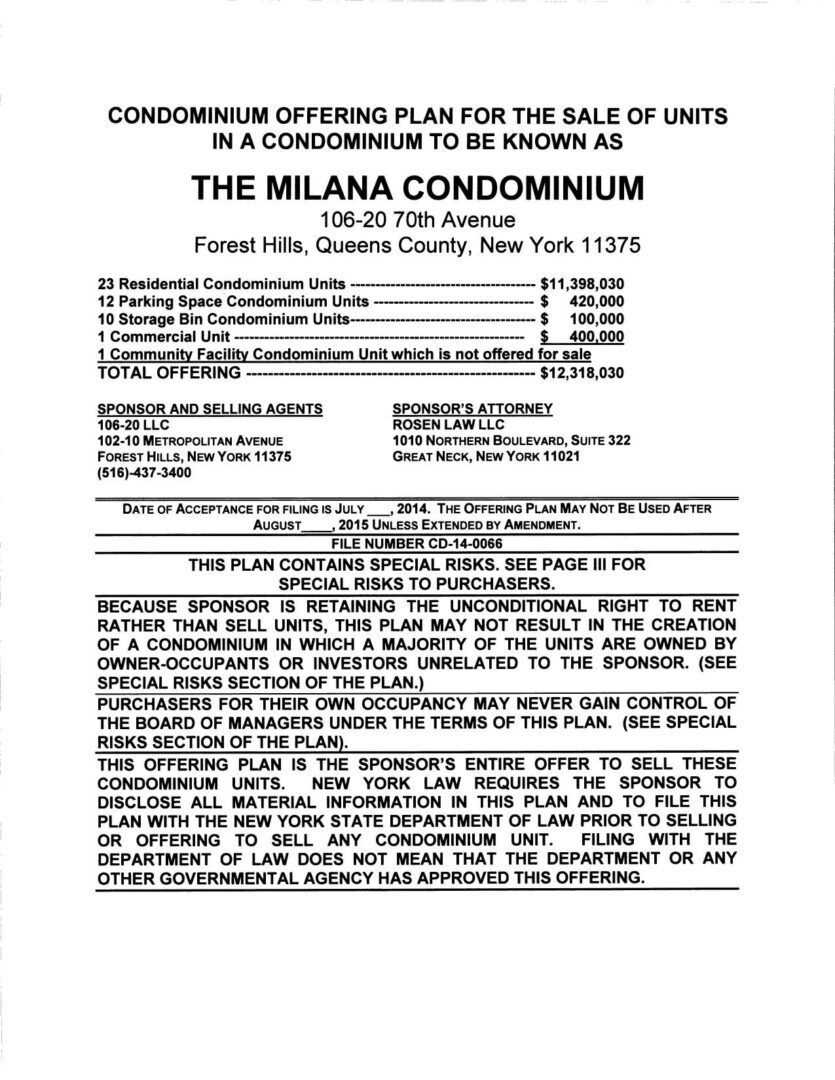 A flyer for the milana condominium in forest hills.