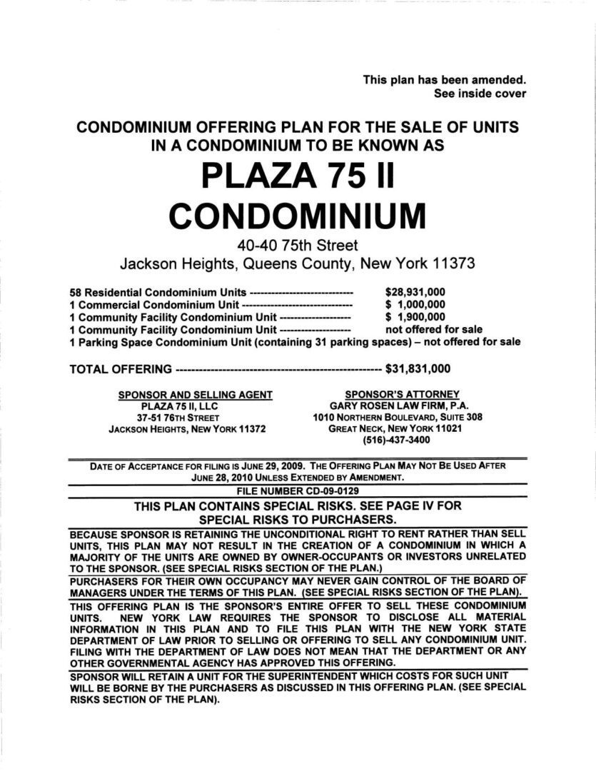 A black and white photo of the front page of a condominium plan.